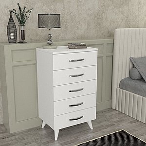 שידת האחסון 5 מגירות בצבע לבן עם ידיות בצבע כסף דגם Cemre מבית Twins Design שידת האחסון 5 מגירות בצבע לבן עם ידיות בצבע כסף דגם Cemre מבית Twins Design